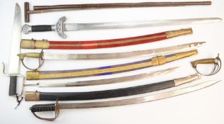 Five bladed weapons comprising three Indian made tourist / souvenir swords, blade length 75cm, a