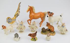 Collection of ceramics including Beswick Jack Russell dogs and Prancing Arab horse, Dresden lace