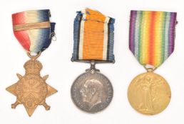 British Army WW1 medal trio comprising 1914 'Mons' Star with clasp for 5th August - 27th November