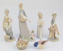 Six Lladro figures including girls with geese, puppy, bird etc, tallest 27cm