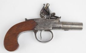 English indistinctly named flintlock hammer action pocket pistol with wooden grip, thumb slide