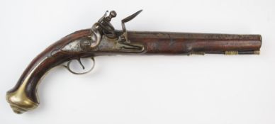Spanish flintlock holster pistol with plated brass trigger guard, butt plate and mounts, vacant