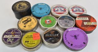 Twelve tins of .177 and .22 air rifle pellets including Eley Wasp Diabolo No.2 and No.3, Milbro