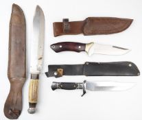Three hunting knives comprising 'Original Bowie' by C K Italy with 22.5cm blade, Falcon Inox with