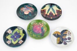 Five Moorcroft pedestal pin dishes including Inca, Finches, Violet etc, diameter 12cm