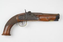 Unnamed percussion converted from flintlock hammer action coat pistol with shaped hammer, brass