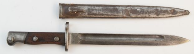 Turkish Mauser bayonet with wooden grips, markings to ricasso and pommel, 25cm fullered blade and