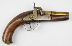 Percussion converted from flintlock hammer action coat pistol with brass trigger guard and mounts