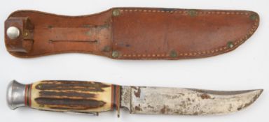 Fagan hunting knife with horn handle, 13cm blade and leather sheath PLEASE NOTE ALL BLADED ITEMS ARE