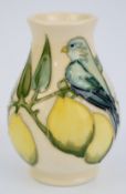 Moorcroft pedestal vase decorated in Finches and Lemons pattern, height 9.5cm