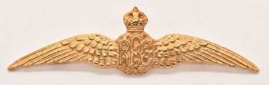 WW1 Royal Flying Corps officer's gilt pilot's wings with pin back and J R Gaunt to reverse