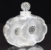 Lalique Deux Fleurs frosted and clear glass scent bottle in the form of two overlapping flowers, 9cm
