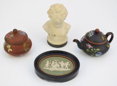 Miniature Wedgwood teapot and covered pot, both with enamelled decoration, 19thC Jasperware plaque