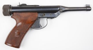Hy-Score .177 target air pistol with engraved frame, named, shaped and chequered Bakelite grips