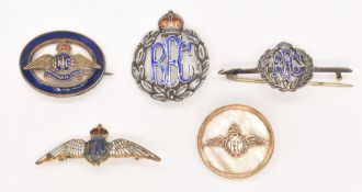 Five WW1 Royal Flying Corps sweetheart brooches / pin badges, including one stamped sterling and