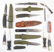 Ten various pocket / hunting knives including Frosts and Utica Sports Man, all with sheaths, Swiss