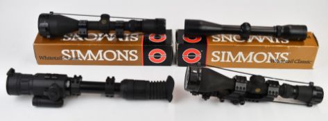 Four rifle scopes comprising Yukon Photon XT and three Simmons Whitetail Classic 3.5-10x50, two in