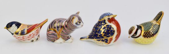Four Royal Crown Derby paperweights comprising three birds and a rat, three with boxes, tallest