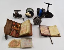 Vintage fishing equipment comprising Mitchell 499 fixed spool reel, Hardy Brothers leather cast