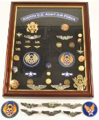 Small collection of US Army Air Force badges / insignia in glazed display case, 37 x 47cm,
