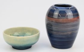 Moorcroft pedestal bowl decorated in the Columbine pattern and a trial vase, tallest 9.5cm