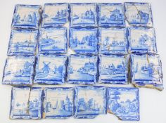 Collection of 18thC Delft tiles decorated with sailing ships, harbours, windmills and pastoral