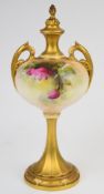 Royal Worcester twin handled pedestal covered vase decorated with roses, signed W H Austin, height