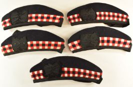 Five Scottish Glengarry hats, all with diced bands and ribbons