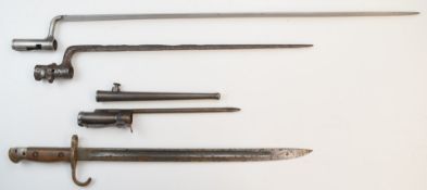 Three replica bayonets, British WW1 with hooked quillon and 43cm blade, socket bayonet with 70cm