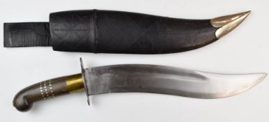 Indian or similar dagger with 28.5cm kopis blade, inlaid horn handle and leather sheath PLEASE