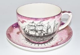 Grays Pottery lustre ware oversized cup and saucer with sailing ship 'Adelaide' to one side and