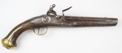 English flintlock pistol with engraved lock and hammer, brass trigger guard, butt plate and mounts