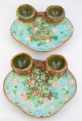 Pair of 19thC George Jones majolica shaped strawberry dishes, each with twin birds nest receptacles,