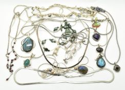 Eighteen silver necklaces / pendants set with labradorite, garnets, quartz, amethyst, etc