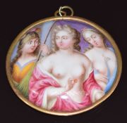 An enamelled pendant depicting nude ladies and a peacock, verso a landscape scene in pendant mount