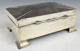 George V hallmarked silver cigarette box with Arts and Crafts style decoration and engine turned