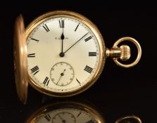 Elgin 9ct gold keyless winding full hunter pocket watch with subsidiary seconds dial, blued hands,