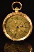Unnamed 18ct gold open faced pocket watch with blued hands, black Roman numerals, engraved gold dial