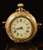 Unnamed 14ct gold keyless winding open faced pocket watch and bar brooch with pierced gold hands,