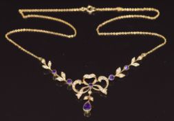 Edwardian 15ct gold necklace set with seed pearls and amethysts in a bow setting, maker MB & Co, 6.