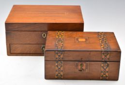 Two 19th or early 20thC sewing boxes and contents, including bone containers, carved coquilla nut,