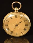 Unnamed 18ct gold open faced pocket watch with blued hands, black Roman numerals, engraved gold dial