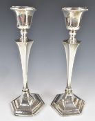 Pair of George V hallmarked silver hexagonal candlesticks, Birmingham 1925, maker Sydney & Co,