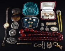 A pair of 9ct gold studs (1.2g), 9ct gold watch, four Victorian brooches, a pair of silver Victorian