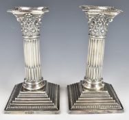 Pair of Victorian or Edward VII hallmarked silver Corinthian column candlesticks, Sheffield 1901,