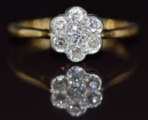 An 18ct gold ring set with a cluster of diamonds in a platinum setting, 3.6g, size N