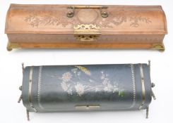 Two continental embossed and hand decorated glove boxes with metal mounts, largest W40 x D10 x H9cm
