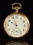 Elgin 14ct gold keyless winding open faced pocket watch with inset subsidiary seconds dial, blued