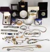 A collection of jewellery and watches including silver necklace, ten silver rings, necklaces,