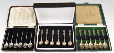 Three sets of six silver spoons comprising hallmarked silver coffee bean spoons, further set of